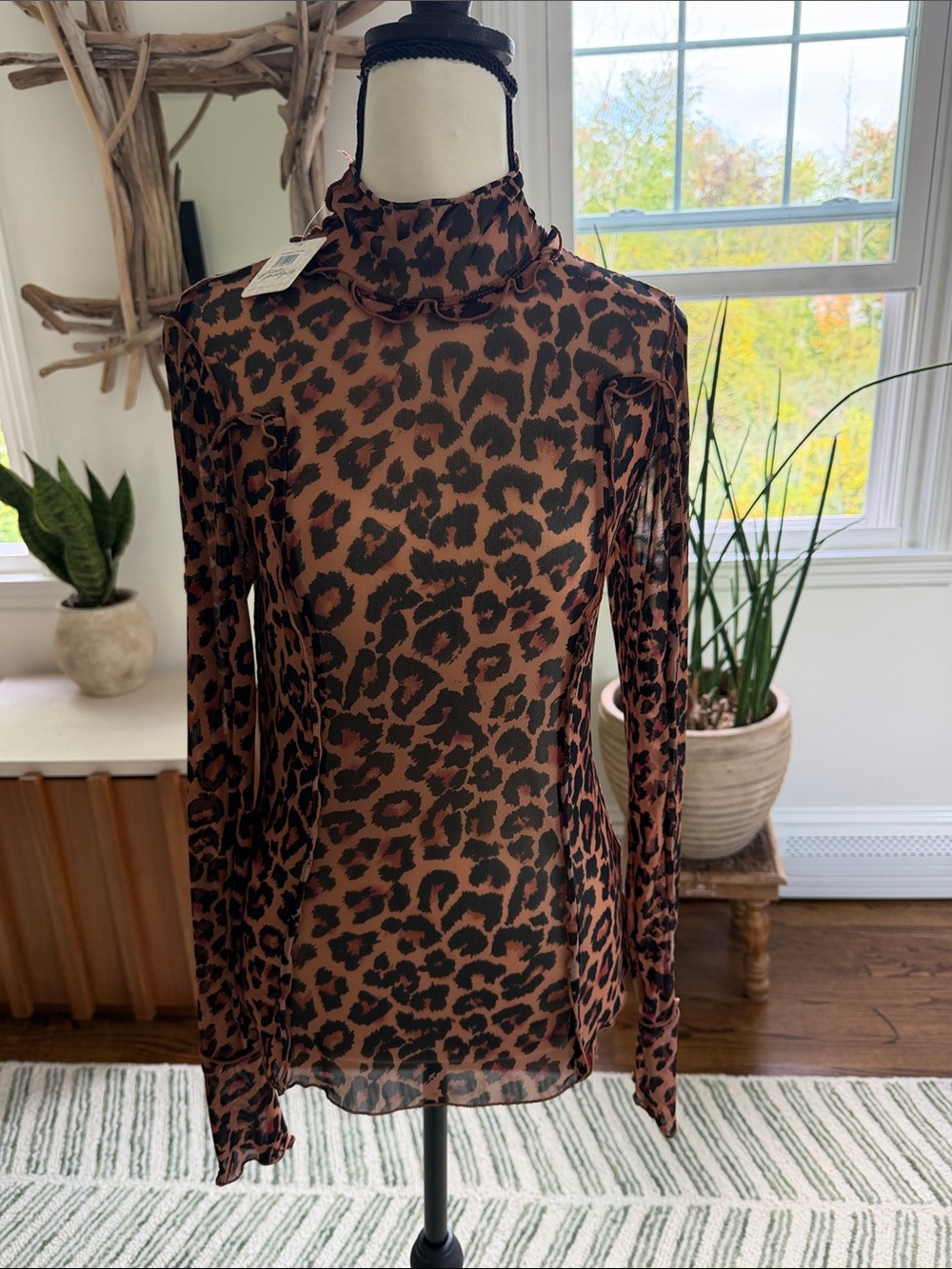 Free People Brown and Black Leopard Sheer Mock Neck Long Sleeve Top